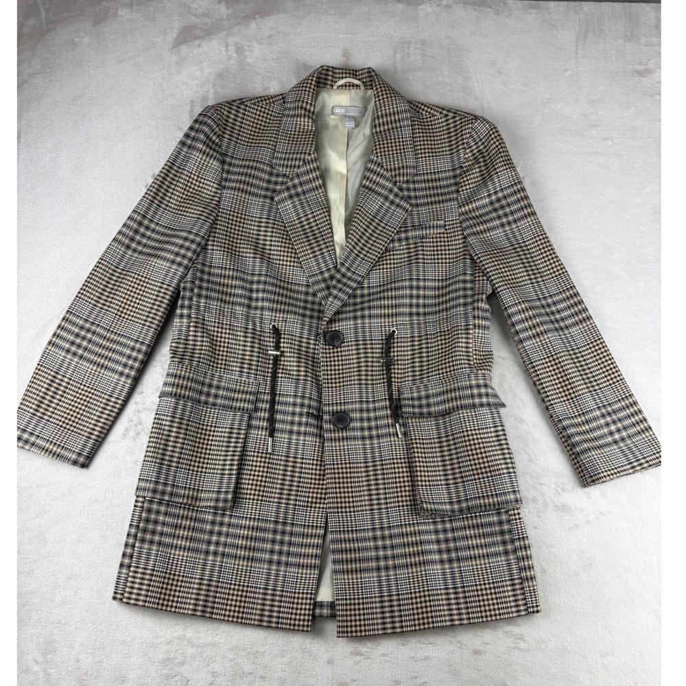 ASOS Womens Brown Plaid Longline Blazer Drawstring Waist Jacket Size US 4